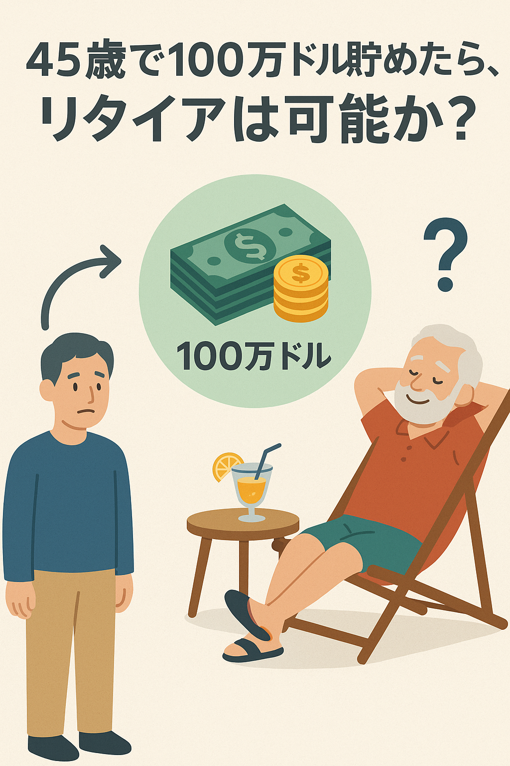 20251216_0255_100万ドルリタイア_simple_compose_01kchjb81bep1rdp192gfdh91f 45歳で100万ドル貯めたら、リタイアは可能か? コンテンツ開始