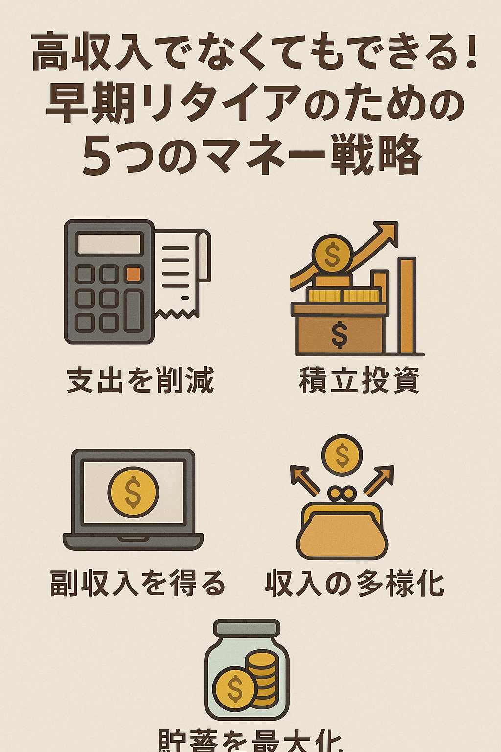 まとめ：「高収入でなくてもできる！早期リタイアのための5つのマネー戦略」